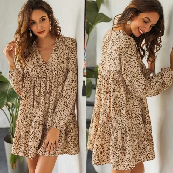 Leopard Animal Boho Gypsy Print Dress Long Sleeve - Picture 1 of 1